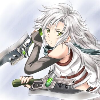 1girl breasts closed_mouth curtained_hair double-parted_bangs dual_wielding eiyuu_densetsu fie_claussell floating_scarf green_eyes gunblade holding scarf sen_no_kiseki_(series) simple_background small_breasts weapon white_hair you_george24