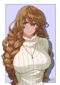 1girl absurdres border breasts brown_eyes brown_hair cecil_neues commentary_request eiyuu_densetsu futaga_tsuiteru highres jewelry large_breasts long_hair low-tied_long_hair necklace outside_border purple_background simple_background smile solo sweater upper_body very_long_hair white_border white_sweater zero_no_kiseki