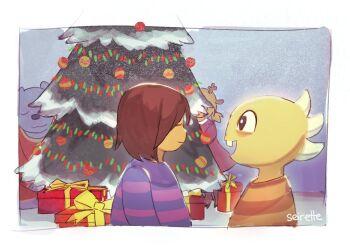 1girl 2others antlers blonde_hair blue_shirt box brown_hair christmas_tree christmas_ornaments colored_skin commentary deer_antlers deer_girl double_horizontal_stripe dress english_commentary frisk_(undertale) furry furry_female gift gift_bear gift_box horns monster_kid_(undertale) multiple_others noelle_holiday seirette shirt short_hair signature striped_clothes striped_shirt undertale utdr_(toby_fox) yellow_skin