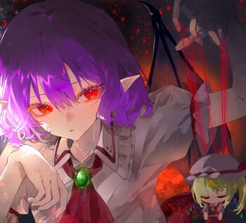 5swcf1iy8k31657 ascot bat_wings blonde_hair closed_eyes collared_dress commentary_request crystal_wings dress expressionless flandre_scarlet gradient_background hair_between_eyes hat highres medium_hair mini_person mob_cap parted_lips pointy_ears puppet_strings purple_hair red_ascot red_eyes red_skirt red_vest remilia_scarlet shirt short_sleeves side_ponytail skirt slit_pupils touhou vampire vest white_dress white_shirt wings yellow_ascot