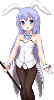 1girl animal_ears bare_shoulders blue_eyes blue_hair blush cane commentary_request cowboy_shot gochuumon_wa_usagi_desu_ka? highres holding holding_cane kafuu_chino leotard long_hair open_mouth pantyhose playboy_bunny rabbit_ears solo susa white_background white_leotard wrist_cuffs