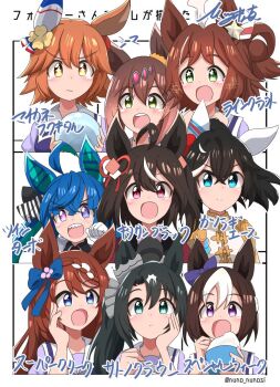 6+girls ahoge animal_ears blue_hair chart closed_mouth commentary_request eating followers_favorite_challenge green_eyes hair_ornament highres horse_ears horse_girl kitasan_black_(umamusume) looking_at_viewer matikanefukukitaru_(umamusume) matty_(matsutomo) medium_hair multiple_drawing_challenge multiple_girls open_mouth rhein_kraft_(umamusume) school_uniform special_week_(umamusume) teeth tracen_school_uniform twin_turbo_(umamusume) twintails umamusume upper_teeth_only white_background