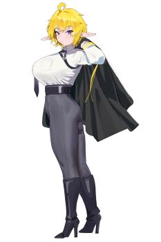 1girl absurdres ahoge black_boots black_jacket blonde_hair boots breasts closed_mouth commentary full_body grey_pants high_heel_boots high_heels highres holding holding_jacket holding_unworn_clothes jacket large_breasts looking_at_viewer original pants pointy_ears purple_eyes r-dragon shirt shirt_tucked_in short_hair simple_background solo standing unworn_jacket white_background white_shirt