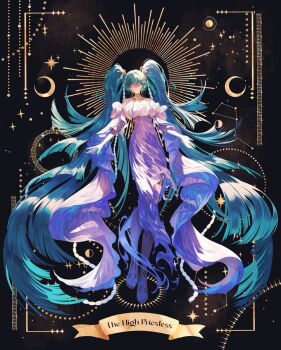 belt blue_hair card gold_belt hatsune_miku hatsune_miku_(vocaloid4) highres resized tarot tarot_card the_high_priestess_(tarot) theazureciel twintails vocaloid