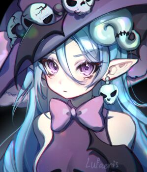 1girl bare_shoulders blue_hair bow bowtie breasts closed_mouth cloud_(lufaeris) commentary commission dress earrings english_commentary hair_between_eyes hat highres horns jewelry long_hair looking_at_viewer medium_breasts original pointy_ears purple_bow purple_bowtie purple_dress purple_eyes purple_hat skull_earrings sleeveless sleeveless_dress sleeveless_turtleneck solo turtleneck turtleneck_dress upper_body witch witch_hat