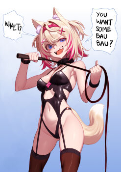 1girl ahoge animal_ears black_collar black_leotard blonde_hair blue_eyes breasts caption collar crazy_smile dog_ears dog_girl dog_tail evil_smile hair_ornament hairpin highres holding holding_whip hololive hololive_english hwanker leather_suit leotard medium_breasts mococo_abyssgard short_hair simple_background smile tail thigh_strap thighhighs twintails virtual_youtuber