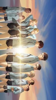 6+boys akahiro_hirata beard_stubble black-framed_eyewear black_hair blonde_hair brothers brown_eyes brown_hair commentary_request dark-skinned_male dark_skin facial_hair glasses haiji_kiyose hand_on_own_hip heise_wanbaolu highres jacket jou_jirou jou_tarou kamara_musa kaze_ga_tsuyoku_fuiteiru kurahara_kakeru looking_at_viewer looking_back male_focus multiple_boys open_clothes open_jacket rectangular_eyewear sakaguchi_youhei short_hair short_shorts shorts siblings sideways smile standing stubble sunrise track_jacket twins unzipped yukihiro_iwakura zipper