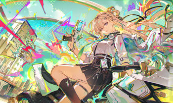 1girl absurdres aqua_necktie black_socks blonde_hair braid braided_bangs chinese_commentary closed_mouth commentary_request earrings from_side graffiti green_sky hair_ornament headphones headphones_around_neck highres holding jacket jewelry long_hair looking_at_viewer looking_to_the_side lynae_(wuthering_waves) mento motor_vehicle motorcycle necktie outdoors purple_eyes skull_hair_ornament sky smile socks solo star_(symbol) star_earrings tacet_mark_(wuthering_waves) white_jacket wuthering_waves