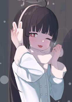 Rule 34 | 1girl, absurdres, ahoge, black hair, blue archive, blunt bangs, bright pupils, earmuffs, fur trim, hashtag-only commentary, highres, long hair, miyu (blue archive), nyune, one eye closed, red eyes, scarf, white pupils, winter clothes
