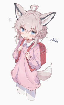 1girl ahoge alternate_costume animal_ears arknights arrow_(symbol) backpack bag blue_eyes blush commentary dress english_text fox_ears fox_girl fox_tail highres kindergarten_uniform nalphanne open_mouth pantyhose randoseru revision simple_background solo sussurro_(arknights) symbol-only_commentary tail white_background