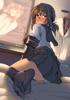 1girl absurdres artist_logo artist_name black_skirt black_socks blue_panties blush brown_hair ergot feet fubuki_(kancolle) fubuki_kai_ni_(kancolle) green_eyes hair_between_eyes highres index_finger_raised kantai_collection kneehighs legs_together logo looking_at_viewer looking_back no_shoes on_bed open_mouth panties pleated_skirt pointing ponytail school_uniform serafuku shirt short_hair short_ponytail short_sleeves skirt socks soles solo toes underwear upskirt watching watching_porn white_panties white_shirt