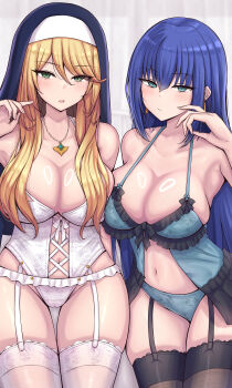 Rule 34 | 2girls, absurdres, babydoll, bare shoulders, blonde hair, blue eyes, blue hair, blue panties, blush, bra, breast press, breasts, chin gero, cleavage, collarbone, commentary request, corset, cowboy shot, engage kiss, garter belt, garter straps, green eyes, hair between eyes, highres, jewelry, large breasts, lingerie, long hair, looking at viewer, milestone celebration, multiple girls, navel, necklace, nun, nun headdress, open mouth, original, panties, parted lips, see-through clothes, sharon holygrail, skindentation, smile, stomach, thighhighs, thighs, underwear, underwear only, white panties, white thighhighs, yuugiri ayano