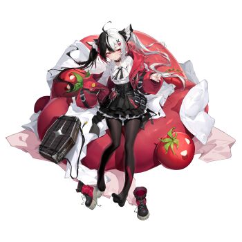 1girl absurdres ahoge bag black_choker black_hair black_pantyhose black_ribbon black_skirt blush chinese_commentary choker collared_shirt commentary_request corset couch eyeliner full_body hair_ornament hair_ribbon heart heart_hair_ornament highres jacket lacrimosa_(nte) long_sleeves looking_at_viewer makeup multicolored_hair neverness_to_everness no_shoes official_art on_couch pantyhose red_eyeliner red_eyes red_jacket ribbon shanyao_jiang_tororo shirt shoes shoulder_bag sitting skirt tachi-e tail tomato twintails two-tone_hair white_hair white_shirt x_hair_ornament