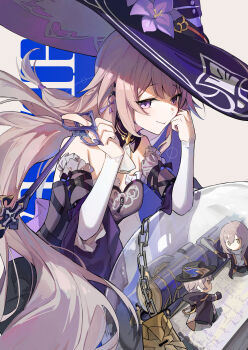 1girl absurdres astral_express_(honkai:_star_rail) bare_shoulders breasts brown_hair caelus_(honkai:_star_rail) chain chinese_commentary closed_mouth commentary_request detached_sleeves dress flower hair_ribbon hands_up hat hat_flower herta_(honkai:_star_rail) highres holding holding_key honkai:_star_rail honkai_(series) key long_hair looking_at_viewer medium_breasts orb purple_dress purple_eyes purple_flower purple_hat purple_ribbon ribbon solo stelle_(honkai:_star_rail) szi_f the_herta_(honkai:_star_rail) trailblazer_(honkai:_star_rail)