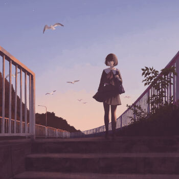 1girl bag bird black_hair black_pantyhose black_serafuku black_skirt blue_sky evening gensuke_(ryun) gradient_sky highres neckerchief original outdoors pantyhose railing red_neckerchief school_bag school_uniform serafuku skirt sky solo
