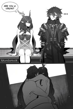 1boy 1girl absurdres animal_ears couple cowgirl_position deer_ears deer_girl flins_(genshin_impact) hetero highres kurodahlia18 lauma_(genshin_impact) on_lap straddling