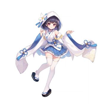 1girl benghuai_xueyuan black_hair blue_choker blue_nails blue_skirt blue_sleeves breasts choker detached_sleeves flower full_body honkai_(series) japanese_clothes kimono kimono_dress lightning_bolt_symbol obi official_art pink_eyes raiden_saeko_(benghuai_xueyuan) sandals sash skirt solo tassel thighhighs transparent_background two-tone_sleeves wataboushi white_flower white_kimono white_sleeves white_thighhighs wide_sleeves