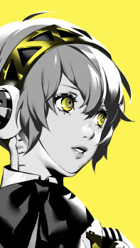 Rule 34 | absurdres, aigis (persona), android, ascot, black ascot, hairband, highres, lips, official art, parted lips, persona, persona 3, persona 3 reload, robot, robot ears, robot girl, second-party source, shimada azusa, short hair, simple background, solo, yellow background, yellow eyes, yellow theme