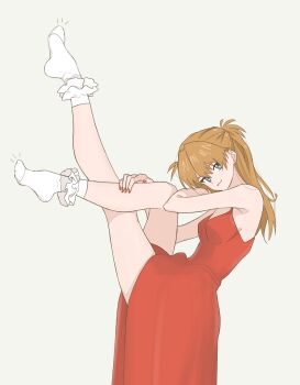 1girl andreypavlow bare_legs bare_shoulders blue_eyes breasts brown_hair commentary crossed_legs dress feet frilled_socks frills grey_background hand_on_own_leg highres invisible_chair leaning_back legs legs_up long_dress long_hair looking_at_viewer meme neon_genesis_evangelion no_shoes orange_nails red_dress simple_background sitting sleeveless sleeveless_dress small_breasts socks solo souryuu_asuka_langley two_side_up white_socks