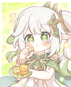 1girl :o absurdres bare_shoulders blush bracelet candied_ajilenakh_nut_(genshin_impact) commentary_request cross-shaped_pupils detached_sleeves dress food genshin_impact gold_trim gradient_hair green_eyes green_hair green_sleeves hair_between_eyes hair_ornament highres holding holding_food holding_plate jewelry leaf_hair_ornament long_hair looking_at_viewer multicolored_hair nahida_(genshin_impact) plate pointy_ears side_ponytail sleeveless sleeveless_dress solo symbol-shaped_pupils white_dress white_hair yuu_neconouti