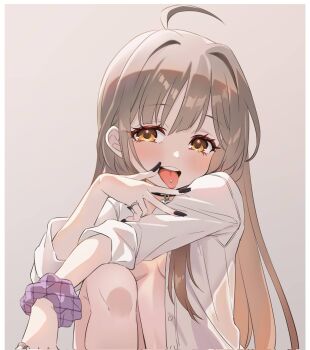 1girl ahoge black_nails blush border breasts brown_eyes brown_hair choker concept_gyarus_(idolmaster) corrupted_twitter_file fingernails goma_konbu gyaru hair_down hakozaki_serika highres idolmaster idolmaster_million_live! idolmaster_million_live!_theater_days jewelry knee_up long_fingernails long_hair looking_at_viewer nail_polish official_alternate_costume open_clothes open_shirt piercing ring scrunchie shirt solo tongue tongue_out tongue_piercing white_border white_shirt wrist_scrunchie