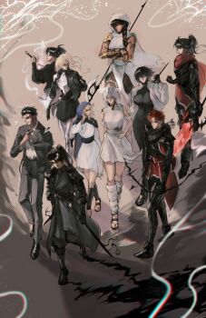 4boys 6+girls absurdres adjusting_clothes adjusting_necktie arm_guards armlet armor black_coat black_hair black_jacket black_necktie black_scarf black_skirt black_tunic blonde_hair blue_cloak bow_(weapon) braid brown_hair cassie_(shadow_slave) cloak coat commentary dress effie_(shadow_slave) english_commentary everyone full_body hair_slicked_back halberd halo halo_behind_head high_ponytail highres holding holding_bow_(weapon) holding_polearm holding_sheath holding_weapon hood hood_up hooded_cloak jacket jet_(shadow_slave) jewelry kai_(shadow_slave) leg_warmers logicsterrr looking_at_another looking_to_the_side mordret_(shadow_slave) multiple_boys multiple_girls muscular muscular_female necktie nephis_(shadow_slave) original over_shoulder polearm ponytail quiver red_scarf scabbard scarf second-party_source shadow_slave sheath shirt shirt_tucked_in shoulder_pads single_braid skirt sunny_(shadow_slave) tunic walking weapon weapon_over_shoulder white_dress white_jacket white_shirt