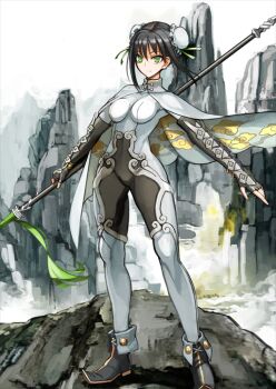 1girl armored_gloves bangle black_boots black_hair bodysuit boots bracelet breasts breasts_apart bun_cover capelet chinese_clothes closed_mouth cloud_print covered_groin double_bun elbow_gloves expressionless fate/grand_order fate_(series) fingerless_gloves full_body game_cg gloves green_eyes grey_gloves hair_between_eyes hair_bun high_collar holding holding_polearm holding_weapon impossible_bodysuit impossible_clothes jewelry legs_apart looking_at_viewer medium_breasts official_art outstretched_arms polearm qin_liangyu_(fate) shimadoriru short_hair sidelocks solo spear standing third-party_source variant_set weapon white_bodysuit white_capelet