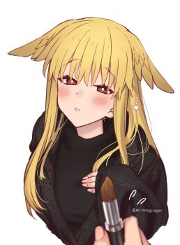 1girl black_sweater blonde_hair breasts contemporary fate/grand_order fate_(series) head_wings highres large_breasts lipstick long_hair looking_at_viewer makeup mitsurugi_sugar red_eyes sidelocks solo_focus sweater thrud_(fate) valkyrie_(fate) wings