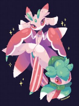 Rule 34 | antennae, artist name, commentary, english commentary, evolutionary line, eyelashes, fomantis, full body, gen 7 pokemon, joypandaah, lurantis, nintendo, pokemon, pokemon (creature), pokemon focus, purple background, sparkle