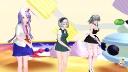 3d 3girls animal_ears animated bow bowtie box breasts chocolate_disco choreography dancing donuts food from_below gift gift_box haganeryuya hair_ornament hand_on_own_hip highres ice_cream izayoi_sakuya konpaku_youmu long_hair medium_breasts medium_hair mikumikudance_(medium) multiple_girls music navel necktie neko-marin onono-m panties perfume_(band) pult-8823 purple_hair rabbit_ears rabbit_tail reisen_udongein_inaba shiny_skin short_sleeves singing skirt socks sound standing strawberry tagme tail thighs touhou underwear upskirt video white_panties