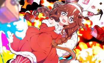 1boy 1girl absurdres blush braid breasts christmas commentary_request curren_bouquetd'or_(umamusume) explosion gift grey_hair hair_between_eyes hair_ornament highres horse_girl long_braid open_mouth sack santa_costume simple_background small_breasts solo tears thighhighs trainer_(umamusume) twin_braids umamusume utsubo_(u-tubo) white_background