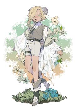 1boy animal_ears ano_amesuke blonde_hair boots braid commentary_request flower full_body goat_boy goat_ears goat_horns grass green_eyes hair_over_one_eye high-waist_shorts highres hooves horns jacket male_focus off_shoulder original short_shorts shorts side_braid solo white_jacket