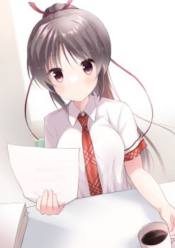 1girl blush brown_hair coffee collared_shirt commentary_request cup daitoshokan_no_hitsujikai dutch_angle hair_between_eyes hair_ribbon highres holding holding_cup holding_paper indoors long_hair long_ribbon looking_at_viewer necktie paper parted_lips plaid_clothes plaid_necktie ponytail red_eyes red_necktie red_ribbon ribbon sakuraba_tamamo school_uniform shirt short_sleeves solo straight_hair takepoison upper_body very_long_hair white_shirt