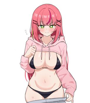 1girl ^^^ absurdres alternate_breast_size_(larger) bikini black_bikini blush breasts bright_pupils closed_mouth commentary_request cowboy_shot drawstring gluteal_fold green_eyes hair_ornament hairclip hanako_nana highres hooded_shrug korean_commentary large_breasts long_hair long_sleeves looking_at_viewer maksagwa multicolored_hair navel parallel_hairclips pink_hair pink_shrug shrug_(clothing) simple_background smile solo standing stellive stomach straight_hair streaked_hair sweat swimsuit tsurime virtual_youtuber white_background white_pupils wispy_bangs x_hair_ornament