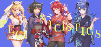 4girls alternate_costume alternate_hairstyle animal_ear_fluff animal_ears arknights arm_up black_hair blonde_hair blue_background blue_eyes blue_hair breasts character_name detached_sleeves detached_wings exusiai_(arknights) finger_to_mouth food hair_between_eyes hair_ornament halo hand_up highres holding holding_food hongbaise_raw horns japanese_clothes kimono mostima_(arknights) multiple_girls one_eye_closed pantyhose penguin_logistics_(arknights) red_eyes red_hair short_hair sideboob sidelocks sora_(arknights) tail texas_(arknights) wide_sleeves wings wolf_ears wolf_girl wolf_tail yukata