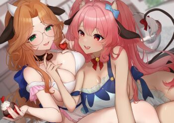 2girls absurdres ahoge alicja_da_lontano animal_ears apron bell blue_apron bow bowtie breasts brown_hair candy chocolate chocolate_heart cleavage commentary_request cow_ears cow_horns cow_tail cupcake food frilled_apron frills glasses globie green_eyes heart heart-shaped_food highres holding holding_food holding_heart horns long_hair mixing_bowl mole mole_under_eye multiple_girls neck_bell open_mouth red_bow red_bowtie red_eyes round_eyewear second-party_source smile tail tail_bow tail_ornament twt_vv202 ushimei_momoka virtual_youtuber white_apron white_horns