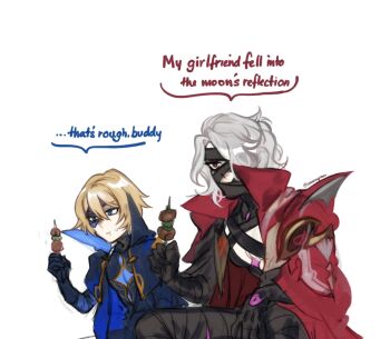 2boys :t araimin avatar:_the_last_airbender avatar_legends black_gloves blonde_hair blue_eyes cape commentary dainsleif_(genshin_impact) english_commentary food genshin_impact gloves grey_hair high_collar highres holding holding_food meme multiple_boys red_cape red_eyes rerir_(genshin_impact) shish_kebab short_hair simple_background sitting white_background