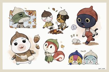 Rule 34 | !, 4boys, 4girls, :>, :3, :d, :o, :t, ^ ^, acorn, animal crossing, artist name, autumn, autumn leaves, bag, bear boy, bear girl, black eyes, blue headwear, bluebear (animal crossing), blush, blush stickers, border, brown border, brown headwear, brown hoodie, brown sweater, brown vest, butch (animal crossing), campfire, cat girl, closed eyes, closed mouth, commentary request, dobie (animal crossing), dog boy, drawstring, eating, falling leaves, fire, flurry (animal crossing), food, genji (animal crossing), green headwear, green skirt, grey headwear, grey sweater, hamster girl, hand up, handbag, hands up, hat, heart, highres, holding, holding stick, hood, hood down, hoodie, kaji (oni atat), kiki (animal crossing), leaf, long sleeves, looking at viewer, marshmallow, multiple boys, multiple girls, multiple views, mushroom, nintendo, notice lines, open mouth, overalls, pants, pleated skirt, poppy (animal crossing), rabbit boy, red headwear, red overalls, red pants, shirt, simple background, sitting, skirt, smile, speech bubble, spoken exclamation mark, squirrel girl, stick, stitches (animal crossing), sweater, translation request, twitter username, v-shaped eyebrows, vest, walking, white background, white bag, white headwear, white shirt, wolf boy, x x, yellow eyes