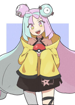 1girl :d bow-shaped_hair character_hair_ornament collarbone commentary_request cowboy_shot green_hair hair_ornament happy highres iono_(pokemon) jacket long_sleeves multicolored_hair nintendo open_mouth pokemon pokemon_sv sagami_sagari shirt single_leg_pantyhose sleeveless sleeveless_shirt sleeves_past_fingers sleeves_past_wrists smile solo star_(symbol) star_print teeth thigh_strap tongue two-tone_hair upper_teeth_only yellow_jacket