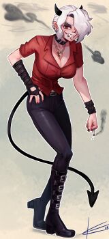 1girl absurdres belt black_collar black_gloves black_pants bowing breasts cigarette collar demon demon_girl demon_horns demon_tail ear_piercing eltonel evil_smile face_piercing gloves hair_over_one_eye helltaker highres holding holding_cigarette horns jacket jewelry looking_at_viewer mouth_piercing necklace nose_piercing pants piercing red_jacket sharp_teeth short_hair smile standing tail teeth zdrada_(helltaker)