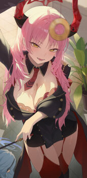 2girls absurdres ako_(blue_archive) arm_under_breasts arm_up black_coat black_shirt black_skirt blue_archive blue_hair blue_halo bra bra_peek breasts cleavage coat coin commentary_request demon_girl demon_horns fangfangtu halo highres holding holding_pendulum holed_coin horns hypnotizing_viewer large_breasts long_hair looking_at_viewer mole mole_on_breast multicolored_coat multiple_girls open_mouth pelvic_curtain pendulum pink_hair red_bra red_coat red_halo red_thighhighs satsuki_(blue_archive) shirt skirt smile solo solo_focus thighhighs thighs two-tone_coat underwear yellow_eyes