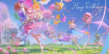 Rule 34 | 2girls, ^ ^, absurdres, ahoge, animal balloon, ankle bow, ankle ribbon, ankle socks, arm up, balloon, belt, black belt, black bow, black choker, black ribbon, blue bow, blue eyes, blue hair, blue shoes, blue skirt, blue sky, blunt bangs, bouquet, bow, bow legwear, bow skirt, bowtie, chinese text, choker, cloak, closed eyes, cross-laced clothes, cross-laced legwear, day, ear covers, english text, field, floating, flower, flower balloon, flower field, frilled shirt, frilled skirt, frilled sleeves, frills, full body, hair bow, hair ribbon, happy, happy birthday, heart balloon, high heels, highres, holding, holding balloon, holding bouquet, hood, hood up, hooded cloak, house, infinity nikki, layered skirt, long hair, long sleeves, low twintails, medium skirt, mixed-language text, momo (nikki), multiple girls, nikki (nikki), nikki (series), off-shoulder shirt, off shoulder, one eye closed, open mouth, orchid, outdoors, perfect start (infinity nikki), petticoat, pink bow, pink flower, pink hair, pink rose, pink shoes, pink skirt, pleated skirt, posy (infinity nikki), print skirt, puffy long sleeves, puffy sleeves, pumps, rabbit balloon, red bow, red bowtie, ribbon, rose, sanbaihui, shining nikki, shirt, shoes, short hair, short sleeves, sidelocks, skirt, sky, smile, snowflake print, socks, star balloon, streamers, striped clothes, striped skirt, stylist (nikki), traditional bowtie, tree, tress ribbon, tulip, twintails, vertical-striped clothes, vertical-striped skirt, very long hair, white flower, white shirt, white skirt, white socks, wind, wisteria, yardling (infinity nikki), yellow cloak