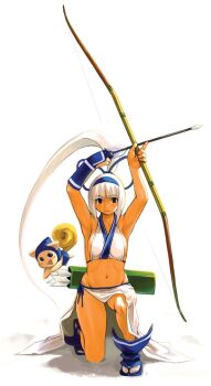 1girl archery armpits arms_up arrow_(projectile) bikini blue_eyes breasts champuru feet fingerless_gloves gloves hair_ribbon highres kneeling large_breasts legs long_hair looking_at_viewer majikina_mina navel ribbon samurai_spirits sarong smile snk swimsuit tan thighs white_bikini white_hair