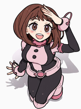 1girl blush blush_stickers bodysuit boku_no_hero_academia breasts brown_eyes brown_hair commentary eyelashes from_above hand_up happy highres kneeling looking_at_viewer open_mouth shadow short_hair simple_background smile solo superhero_costume teeth upper_teeth_only uraraka_ochako white_background xiao_(grsnss25)