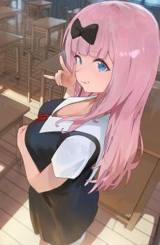 1girl black_bow black_dress blue_eyes blunt_bangs blush bow breasts classroom cleavage collared_shirt commentary dress fujiwara_chika hair_bow highres hood_(james_x) indoors kaguya-sama_wa_kokurasetai_~tensai-tachi_no_renai_zunousen~ large_breasts long_hair looking_at_viewer neck_ribbon pink_hair red_ribbon ribbon school_uniform shirt short_sleeves shuuchiin_academy_school_uniform smile solo white_shirt