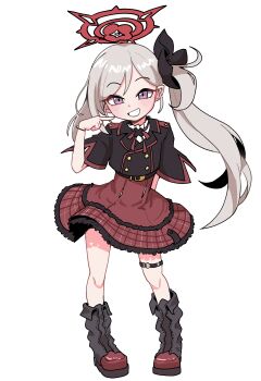 1girl absurdres arm_behind_back black_boots black_jacket blue_archive boots full_body grey_hair grin halo highres jacket long_hair looking_at_viewer mago_cats mutsuki_(blue_archive) purple_eyes red_halo red_skirt side_ponytail simple_background skirt smile solo standing white_background