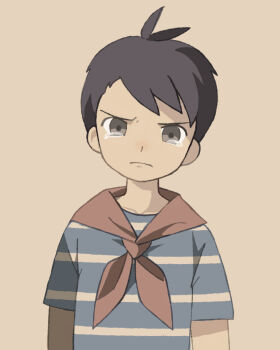 Rule 34 | 1boy, angry, black eyes, black hair, closed mouth, commentary request, grey eyes, highres, looking at viewer, male focus, mother (series), mother 1, neckerchief, ninten, nintendo, sad, shirt, short hair, short sleeves, simple background, solo, striped clothes, striped shirt, tanba (tanba-art), tears, upper body