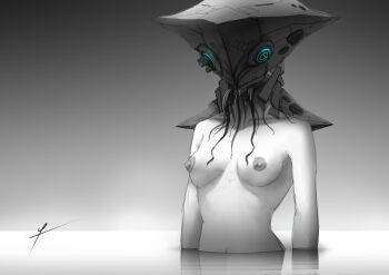 1girl colored_skin creature cyborg ldt mouth_tentacles navel nipples partially_submerged solo white_skin