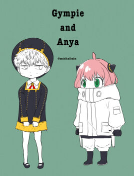 2girls anya_(spy_x_family) anya_(spy_x_family)_(cosplay) boots character_name commentary_request cosplay costume_switch dress dress_tug eden_academy_school_uniform fullmoongrass gloves green_background green_eyes gympie_(spy_x_family) gympie_(spy_x_family)_(cosplay) hat highres looking_at_another multiple_girls partially_colored pink_hair school_uniform simple_background spy_x_family standing