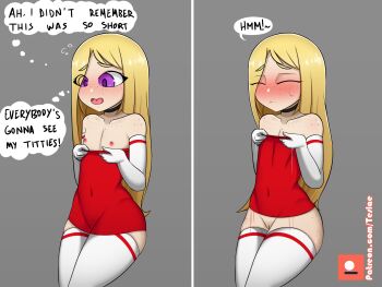 1girl artist_name ass_freckles bare_shoulders black_neckwear blonde_hair blush body_freckles choker cleft_of_venus closed_eyes closed_mouth clothes_lift clothes_pull collarbone covered_navel dress dress_lift dress_pull elbow_gloves embarrassed english_text eyes_visible_through_hair facing_viewer fang feet_out_of_frame female_focus flat_chest freckles gloves grey_background groin hands_up highres legs_together lifting_own_clothes long_hair microdress motion_lines nipples no_bra no_panties open_mouth original patreon_logo patreon_username purple_eyes pussy red_dress self-upload shiny_skin simple_background skindentation small_areolae small_nipples solo speech_bubble susana_(teslae) sweatdrop teeth teslae thighhighs thought_bubble tongue uncensored undersized_clothes wardrobe_malfunction white_gloves white_thighhighs